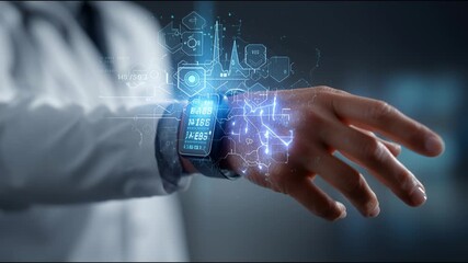 Smartwatch displaying futuristic health data and digital medical interface - Powered by Adobe