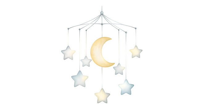 Pastel Watercolor Baby Mobile with Stars and Moon - Dreamy Nursery Decor Art for Infants and Newborns - Powered by Adobe