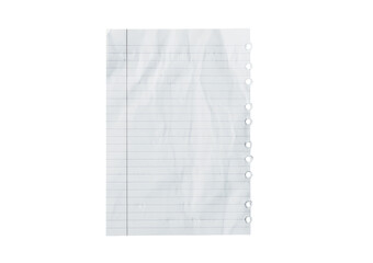 Single sheet of ripped or torn lined notebook paper with a hole punched edge isolated on transparent white background