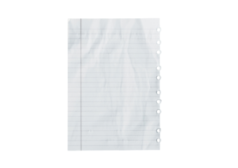 Single sheet of ripped or torn lined notebook paper with a hole punched edge isolated on transparent white background