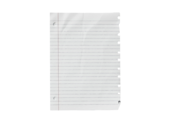 Single sheet of ripped or torn lined notebook paper with a hole punched edge isolated on transparent white background