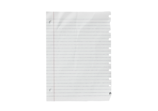 Single sheet of ripped or torn lined notebook paper with a hole punched edge isolated on transparent white background