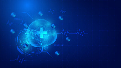 Futuristic medical technology background. Glowing cross symbol, heartbeat lines, and health icons on blue digital banner with copy space.