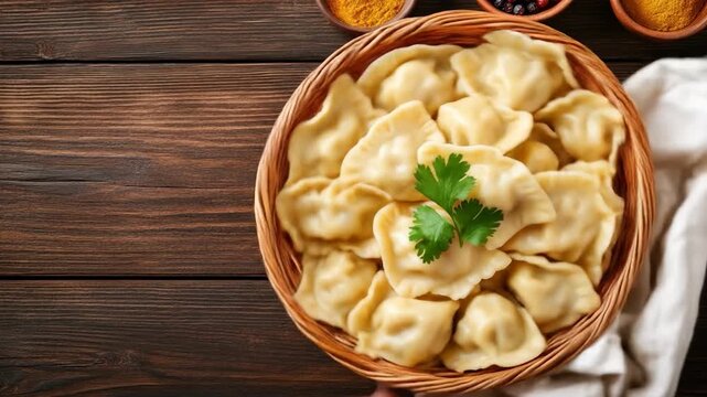Boiled or steamed dumplings in rustic woven basket with fresh green herb garnish on dark wood background copy space
