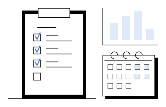 Checklist on clipboard with ticked tasks, grid calendar, and bar graph. Ideal for organization, productivity, scheduling, task management, goal tracking time management planning. Simple flat