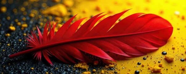 Crimson feather, yellow base, dark rough texture, wing, plume