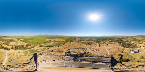 Balat, Didim, Turkey. 360x180 spherical panorama over Miletus theatre showing stage, seating tiers...