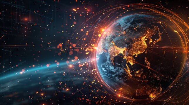 Earth in space with glowing digital networks, symbolizing global connectivity, technology, communication, and data transfer