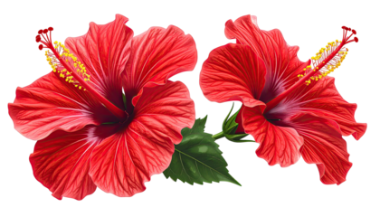 Two detailed red hibiscus flowers on black