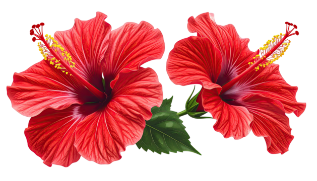 Two detailed red hibiscus flowers on black