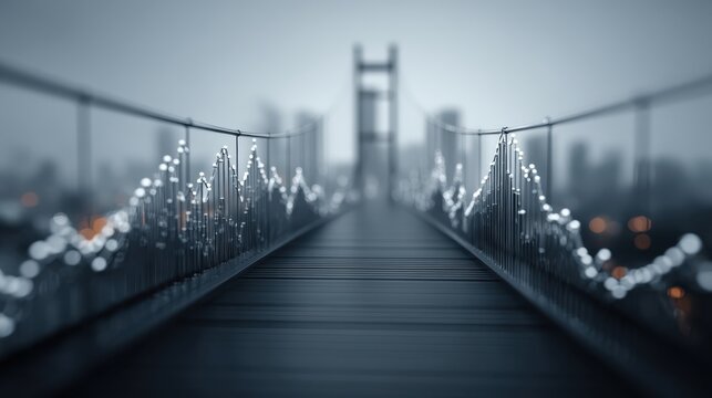 A serene, illuminated bridge stretches into a soft-focus cityscape, creating a moody and atmospheric scene.