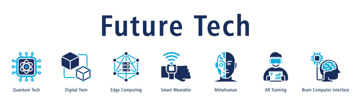 Future Tech web banner icon vector illustration concept with icon of quantum tech, digital twin, edge computing, smart wearable, metahuman, AR training, and brain computer interface.