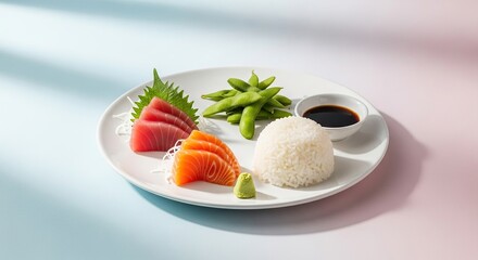 Fresh sashimi plate with salmon, tuna, rice and edamame for healthy lunch