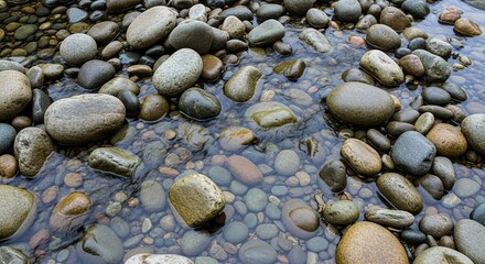 Smooth river rocks glistening under clear water create a calming scene