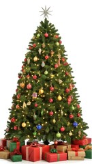 Festive Christmas Tree Decorated with Colorful Ornaments and Lights Surrounded by Gift Boxes Perfect for Holiday Celebration Decorations