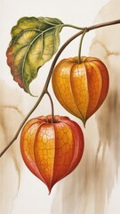 Botanical illustration of two physalis lanterns hanging from a branch with a single leaf