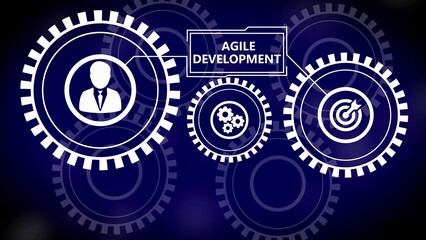 Agile Development concept with interconnected gears and icons representing people and targets on a dark blue gradient background