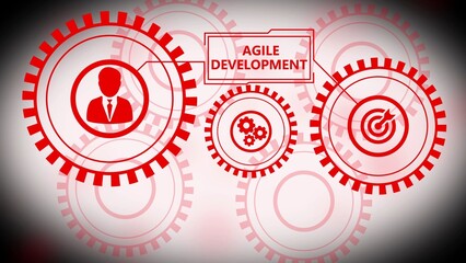 Agile Development concept with interconnected red gears and icons representing people and targets on a light pink gradient background