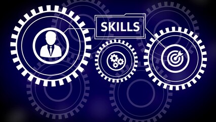 Business skills development concept with interconnected gears and icons representing person target and gears