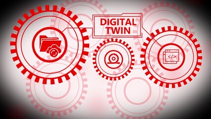 Digital Twin concept with interconnected red gears and icons for data cloud coding and agile methodology on a pinkish-white background