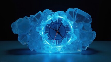 Glowing blue ice clock with intricate details and dark background