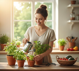 woman holding potted plant in kitchen