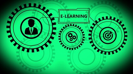 E- Learning concept with interconnected gears and icons for person target and smaller gears on green background