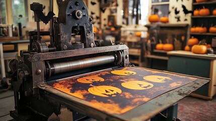 Printing press in a Halloween themed print shop creating spooky designs with pumpkins bats and eerie color palettes adding a fun haunting vibe to Halloween preparations