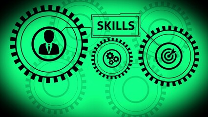 Green business skills development concept with interconnected gears and icons representing person target and gears