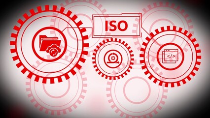 Red Interconnected Gears Illustrating ISO Standards with Cloud Storage and Coding Icons cogwheels