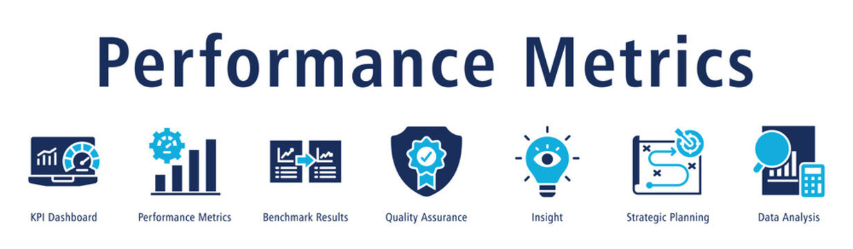 Performance metrics web banner icon vector illustration concept with icon of KPI dashboard, performance metrics, benchmark results, quality assurance, insight, strategic planning, and data analysis.