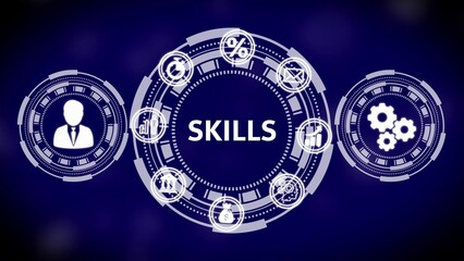 White icons of business concepts and human resources with the word SKILS on a dark blue digital background