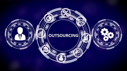 White Futuristic Outsourcing Infographic with Icons and Gears on Dark Blue Background business strategy