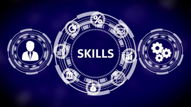 White icons of business concepts and human resources with the word SKILS on a dark blue digital background