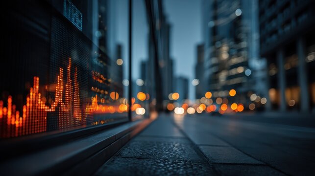 A cityscape at dusk, featuring illuminated financial data displays and blurred lights from traffic, creating a dynamic urban atmosphere.