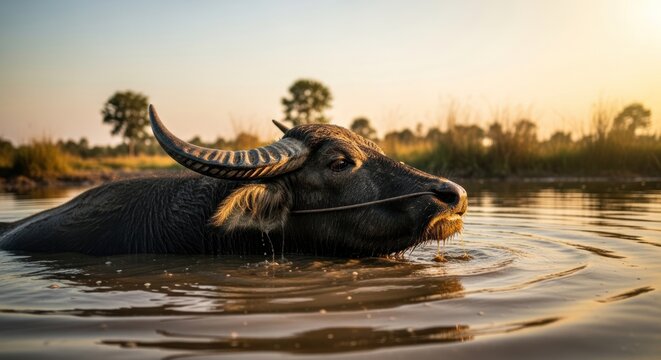 Water buffalo enjoys a cooling dip in muddy water at sunset.