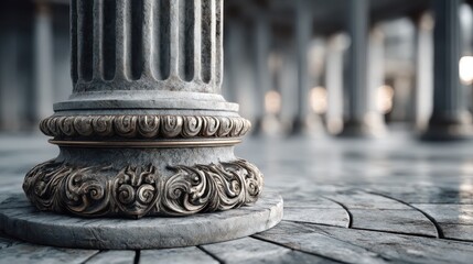 Fototapeta premium A close-up view of an ornate marble column with intricate details, set in a spacious architectural environment featuring blurred columns in the background.