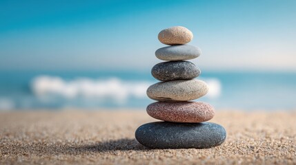 Fototapeta premium Seven smooth stones are carefully stacked on a sandy beach creating a balanced tower. The ocean glistens in the background under a clear blue sky.