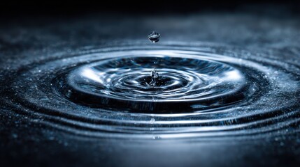 A droplet falls onto a still water surface creating ripples that spread outward. The scene captures the beauty of water in a calm peaceful environment during twilight.