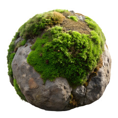 Moss covered stone sphere isolated on transparent background