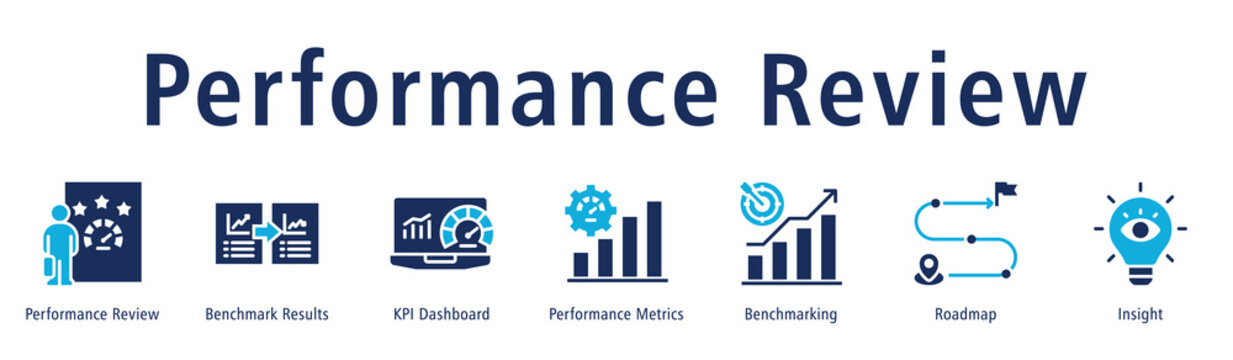 Performance review web banner icon vector illustration concept with icon of performance review, benchmark results, KPI dashboard, performance metrics, benchmarking, roadmap, and insight.