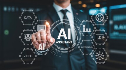 Business professional interacts with a digital artificial intelligence assistant interface showcasing various functions
