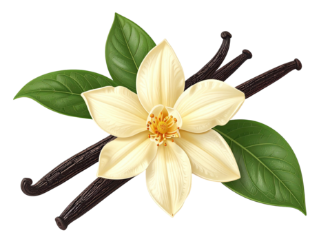 Vanilla bloom & pods on foliage