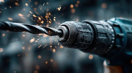 A close-up of a power drill in action, with sparks flying from the drill bit, showcasing its metallic texture and dynamic motion.
