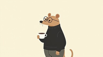 Cute cartoon mouse wearing glasses and holding a coffee cup