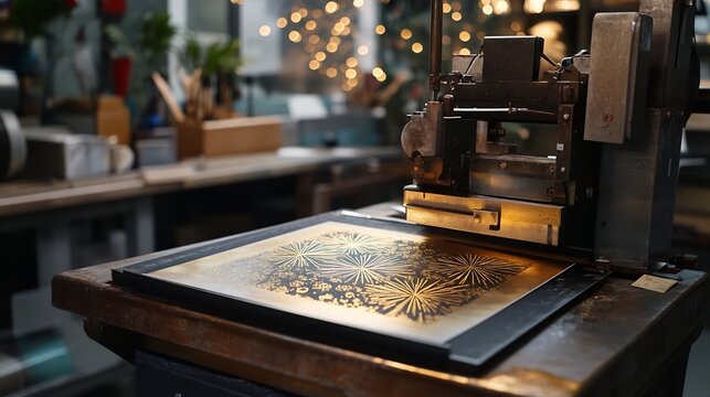 Printing press in a New Year's themed workspace creating shimmering gold and silver prints with fireworks designs capturing the celebratory energy of the new year