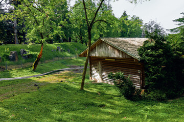 Fototapeta premium Cabin shed in a green park with grass and trees, wooden rustic structure amid lush greenery and shaded lawn, peaceful nature scene with sunlight and a winding path.