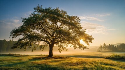 Fototapeta premium A majestic oak tree stands alone in a tranquil meadow during sunrise. Soft mist hangs in the air and warm light filters through the branches creating a peaceful atmosphere.