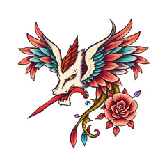 This image is a vibrant, tattoo-style illustration depicting a stylized mythical creature, possibly a bird or dragon-like entity, with prominent red and blue-green wings and sharp features. It holds a