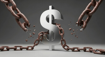 Powerful symbol of financial freedom as rusty chains shatter, breaking free from monetary constraints towards prosperity and opportunity